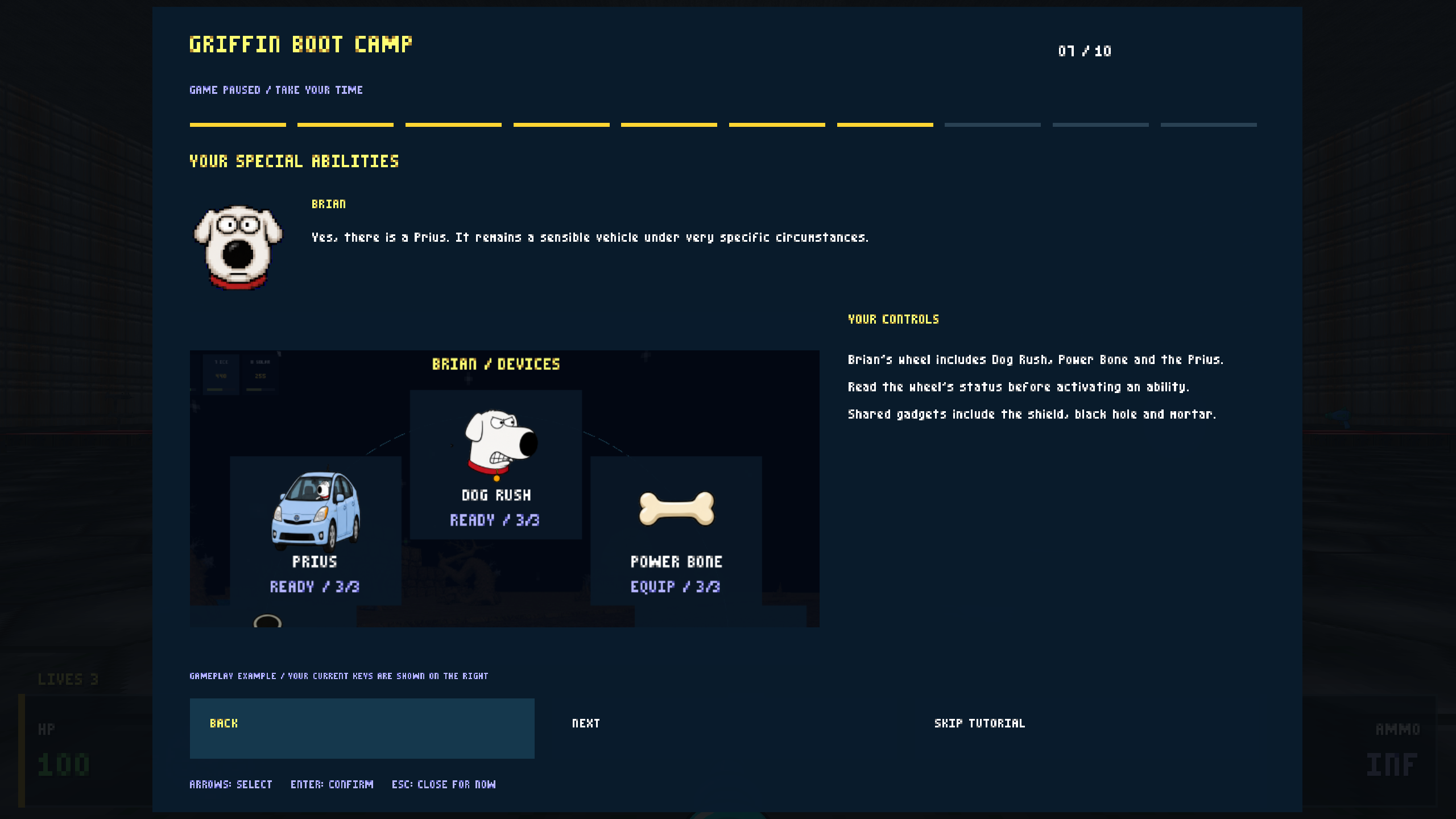 Brian's special abilities and devices in the illustrated boot camp.